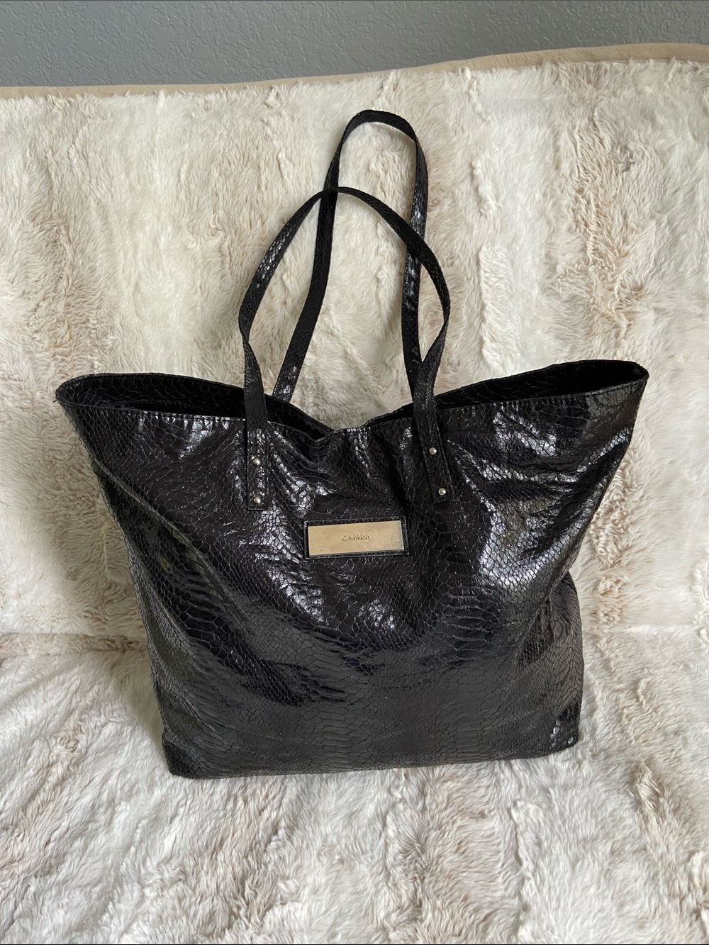 Calvin Klein Black Faux Snake Tote with Gold Plaque